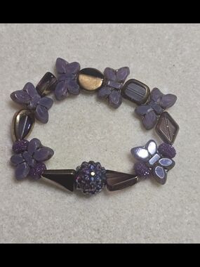 Purple Butterfly and Crystal Glass Stretch Bracelet